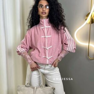 Pink Toggle-Front Jacket with White Stripes